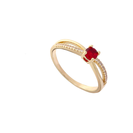 Solitario rojo pavimentado cz blanca Oro rosa, anillos de Oro 14K