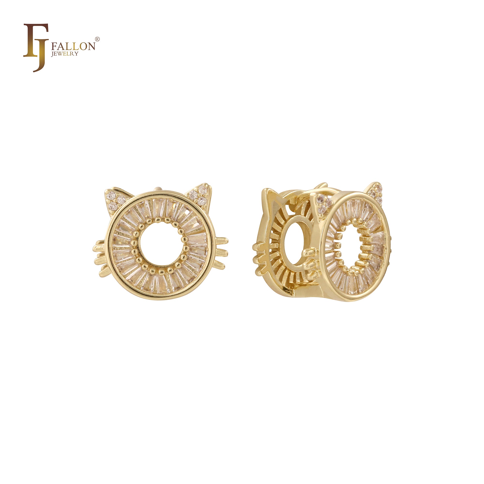 Pendientes tipo aro con halo de círculo de gato y circonitas baguette blancas pavimentadas en oro de 14 quilates, oro blanco y oro rosa.