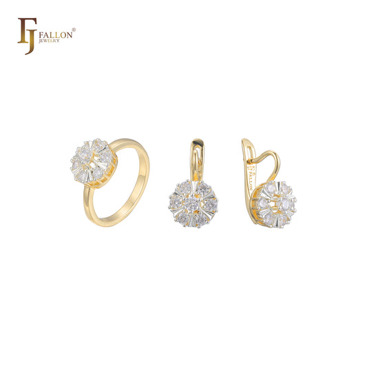 Juego de racimo de flores de siete piedras en dos tonos de Oro 14K