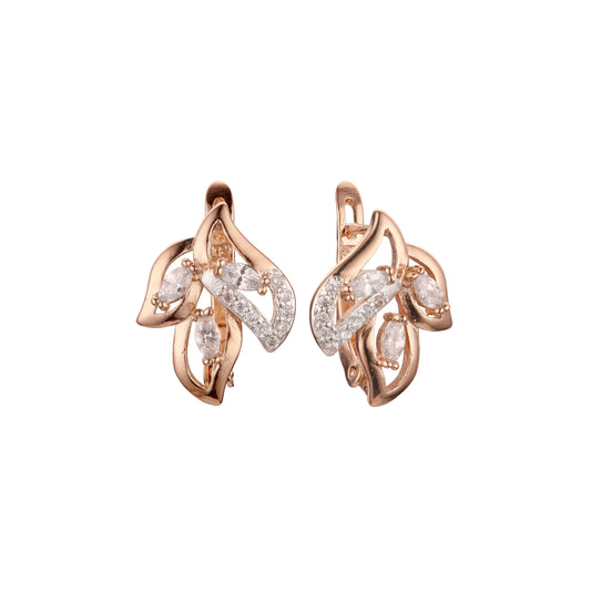 Aretes de circonitas coloridas en racimo de tres hojas en Oro 14K, oro rosa, dos tonos de colores