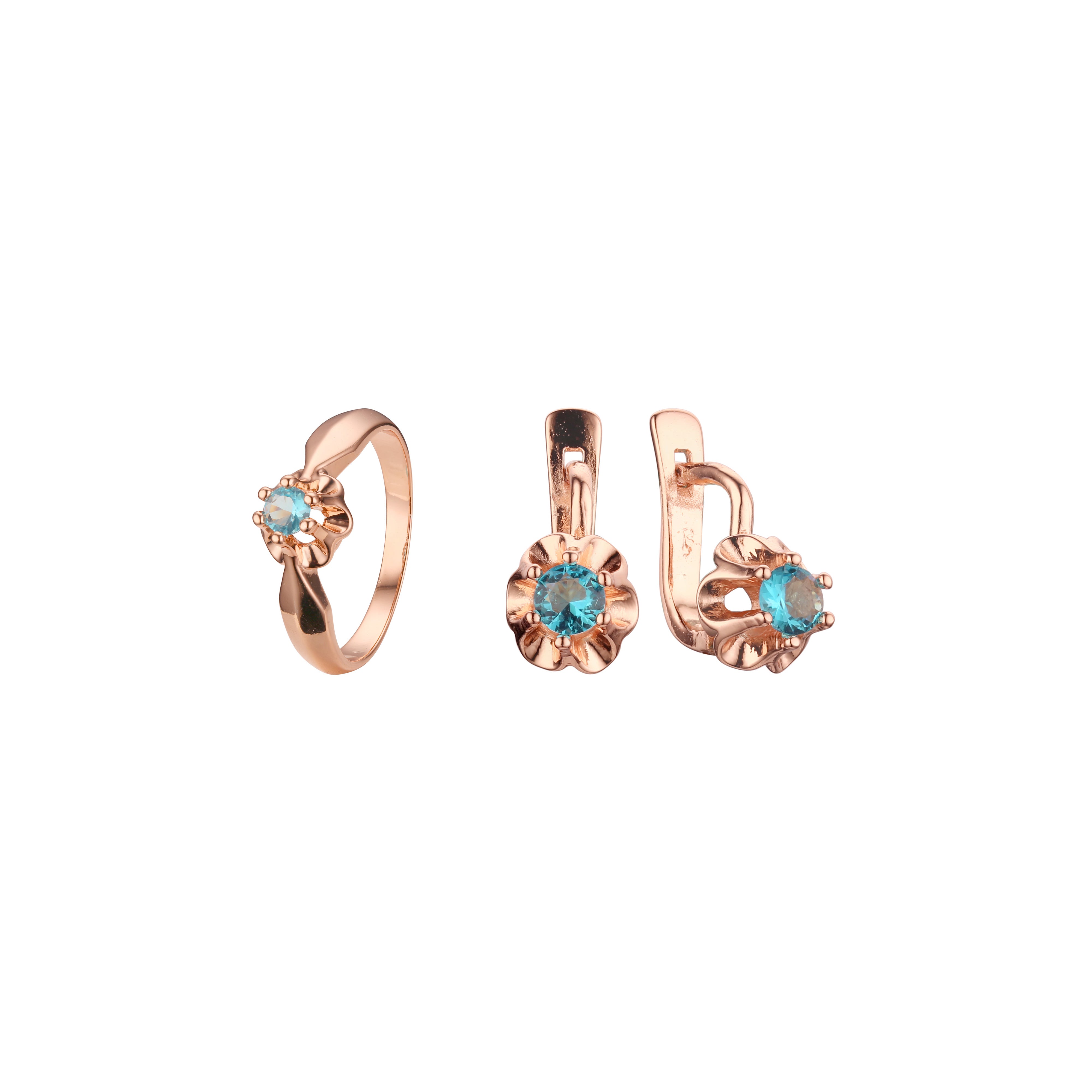 Solitario flor engastado con aros en Oro de 14K, baño de Oro Rosa colores