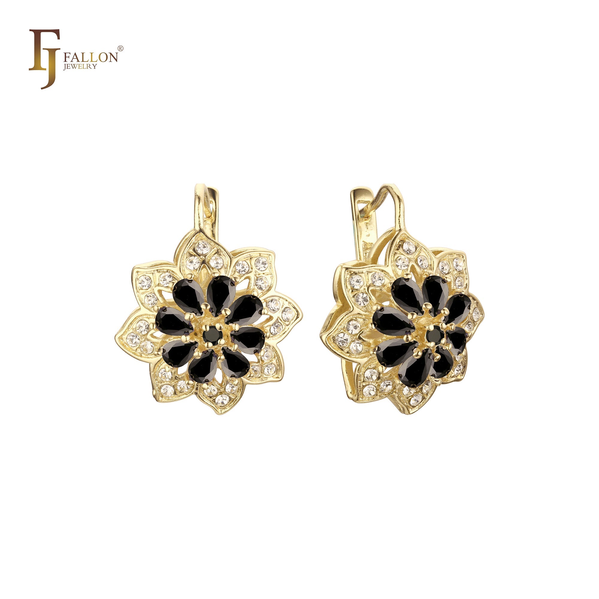 Aretes de flor de racimo de girasol en colores de baño de Oro 14K, oro blanco, oro rosa