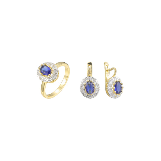 Conjunto de halo de piedra azul grande de dos tonos de oro de 14K