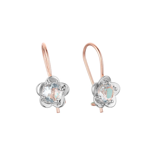 Pendientes de oro rosa de dos tonos con solitario de circonita cúbica redonda y gancho de alambre