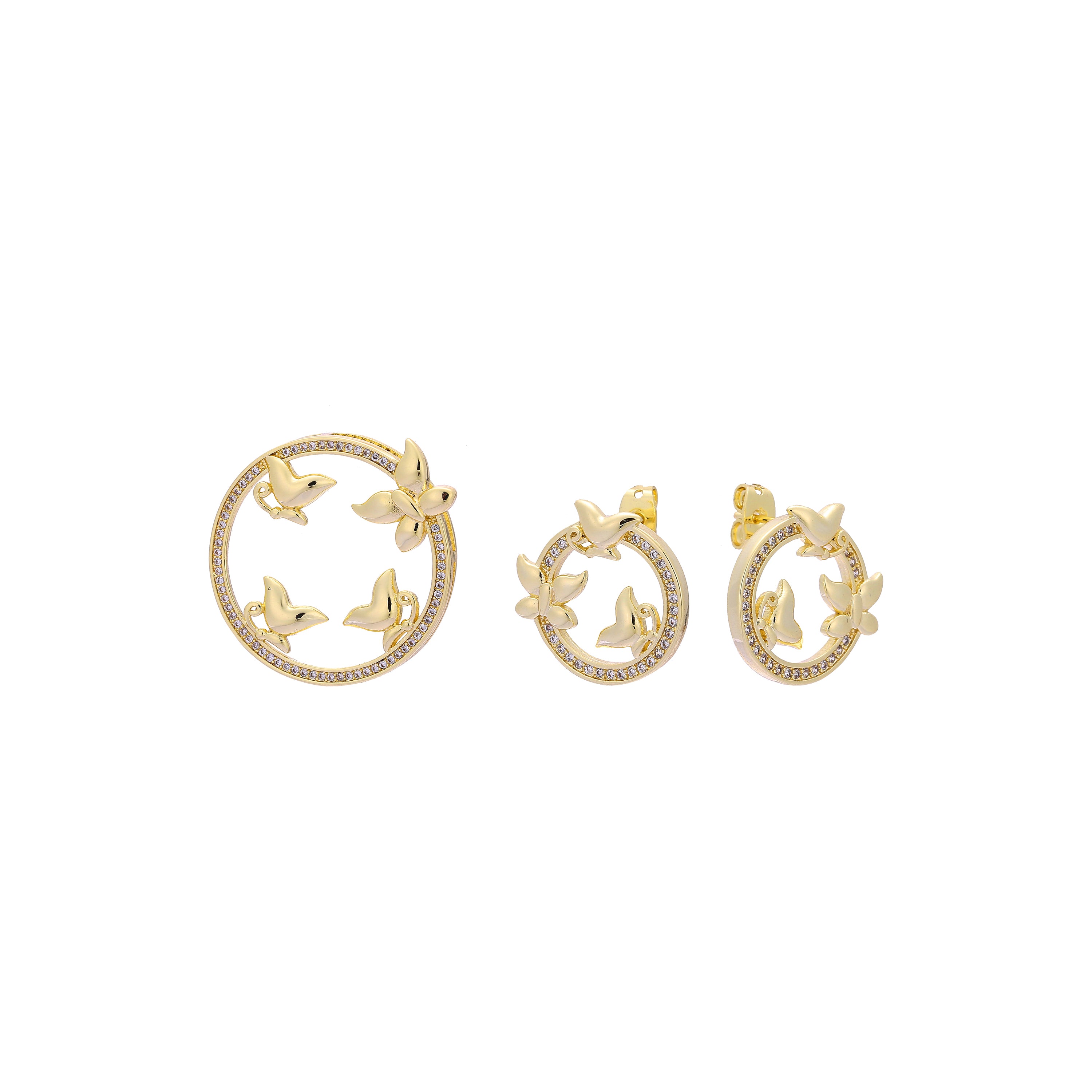 Juego de joyas con colgante de Oro 14K con mariposas en círculo