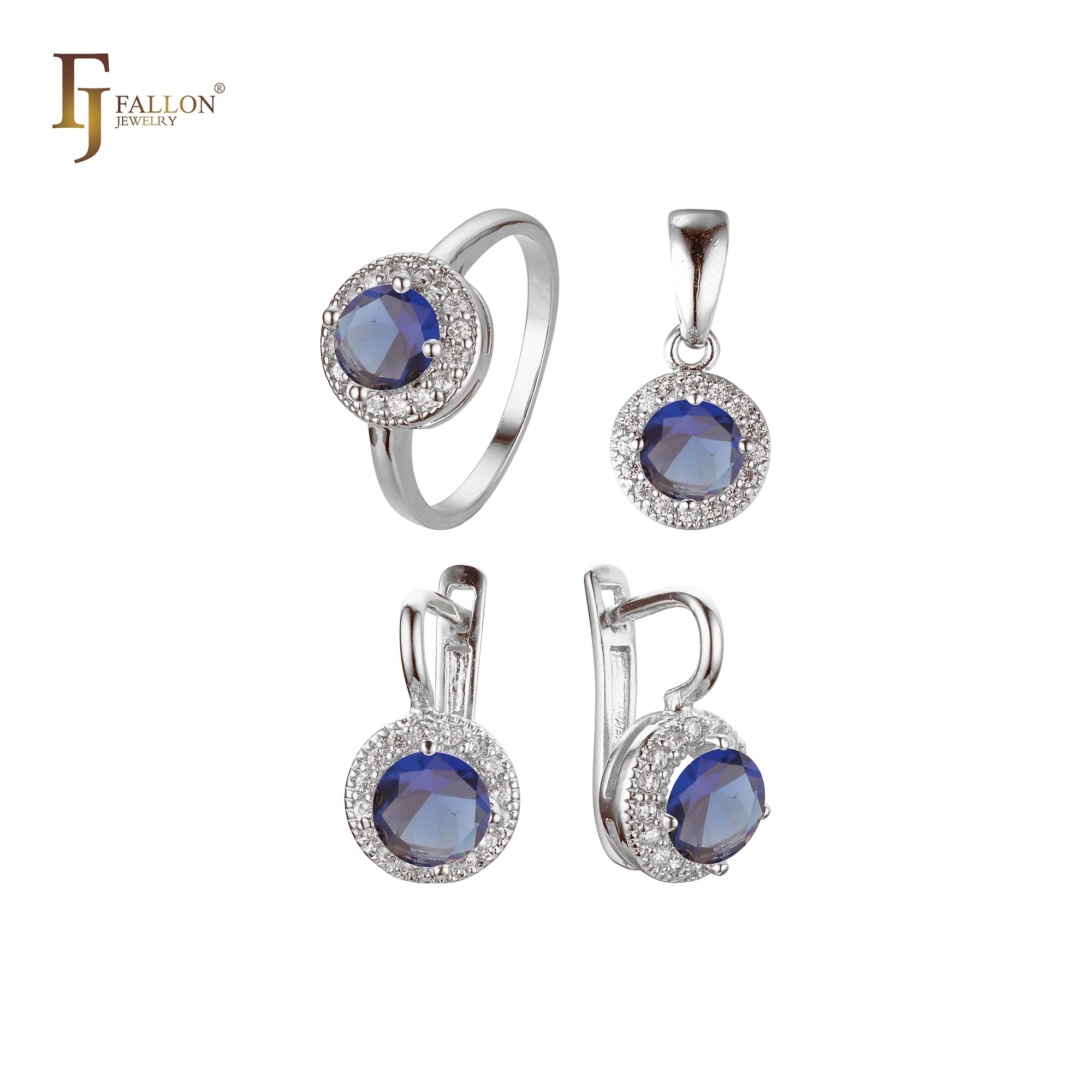 Conjunto de joyería con colgante y anillos chapados en oro blanco con halo de circonitas cúbicas de gran tamaño y forma redonda.