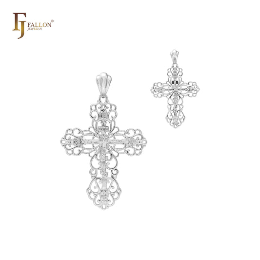 Crucifijo de cruz rusa ortodoxa con textura de filigrana de oro de 14 quilates, oro rosa, colgante de cruz de oro blanco