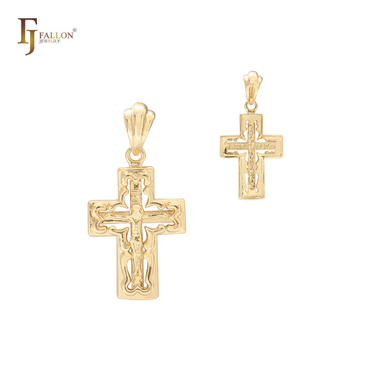 Cruz de crucifijo doble oro de 14 quilates, oro rosa, colgante de cruz de oro blanco