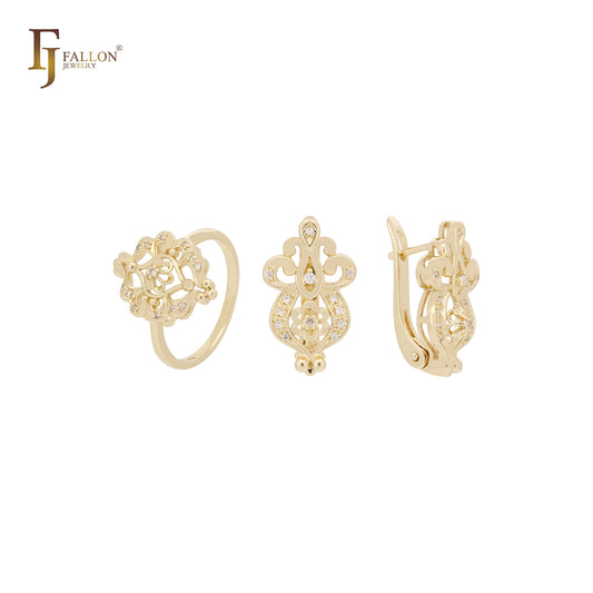 Conjunto de joyas de oro rosa de 14 quilates con circonitas blancas en filigrana y anillos.