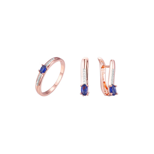 Conjunto de dos tonos de oro rosa solitario conjunto de piedra azul profundo adoquines