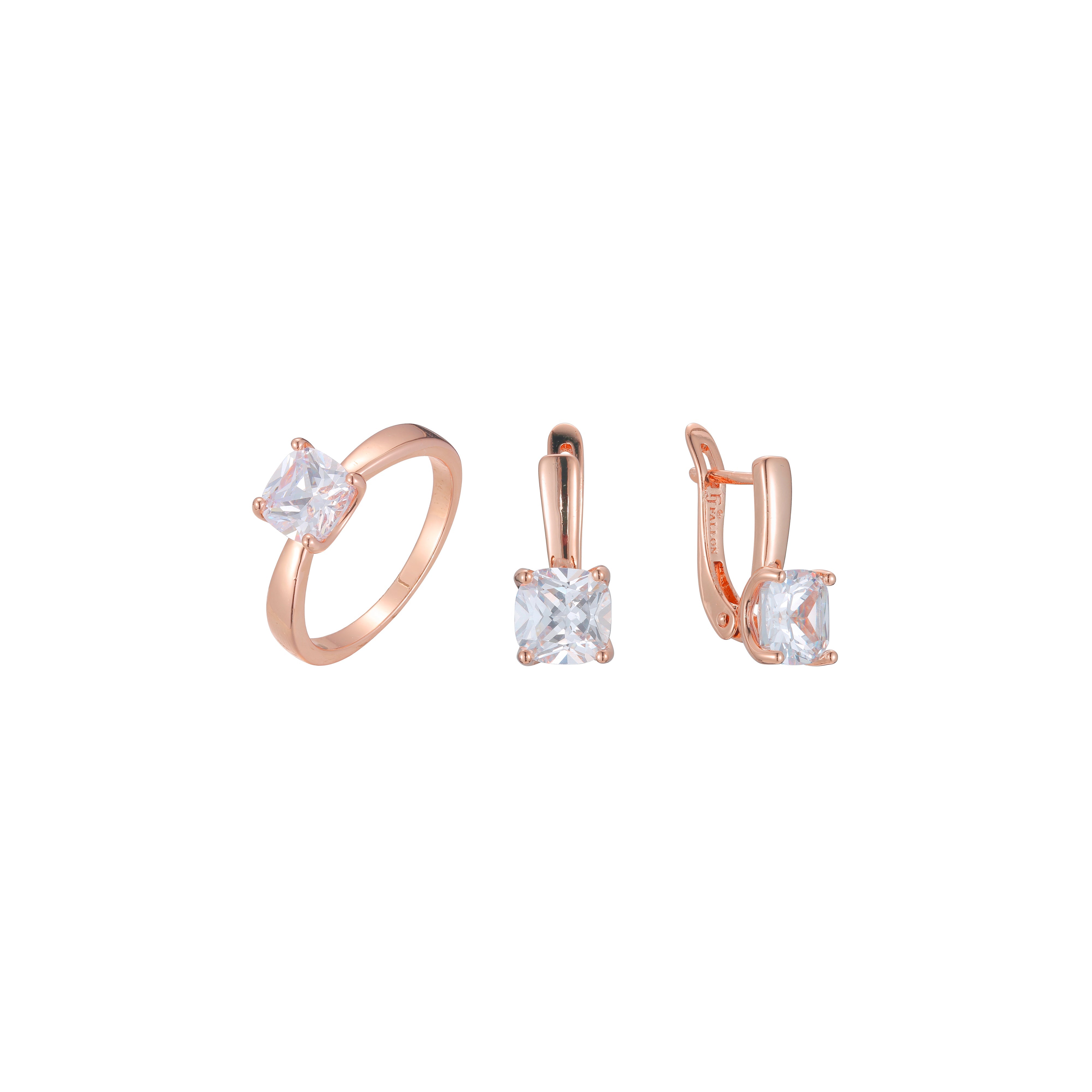 Conjunto de joyas de anillos de piedra de corte esmeralda cuadrado solitario solitario chapado en color oro rosa