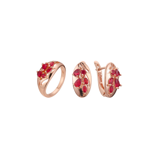 Conjunto de racimo de cinco piedras rojas de oro rosa