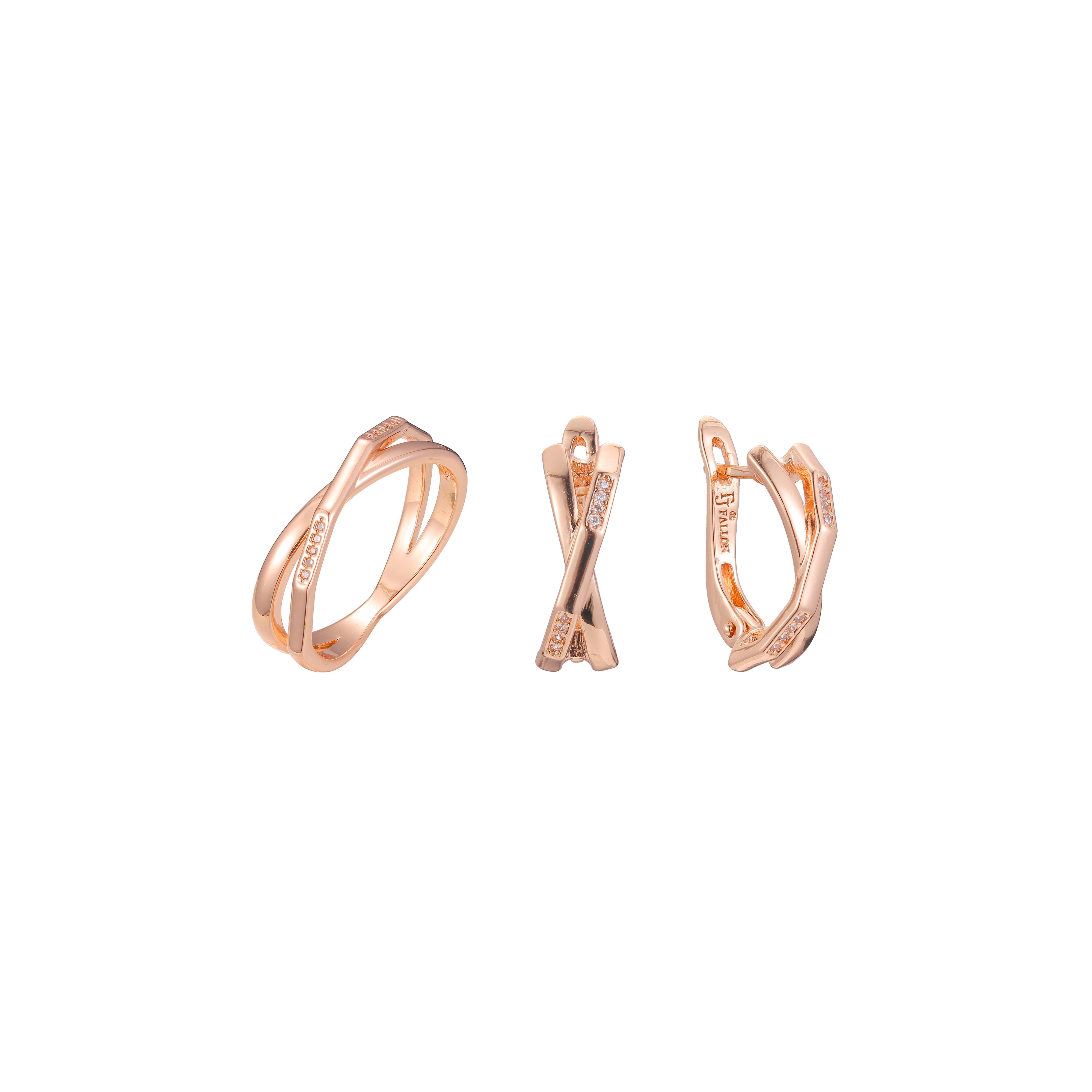 Juego doble entrecruzado con aros en Oro Rosa, baño bicolor